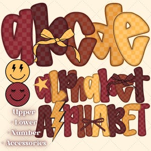 May include: A digital design featuring the word "ABCDE" in a checkered pattern with a yellow bow. Below, the word "alphabet" is displayed, along with the word "alphabet" in a different font. Two smiley face graphics and the words "Upper, Lower, Number, Accessories" are also included.