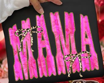 MAMA PNG – Pink Floral Leopard Bow Design With Preppy Letters | Coquette Mama PNG | Valentine Mama Png | Digital Download