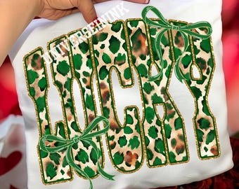 LUCKY PNG Green Leopard Bow Graphic, St Patrick’s Shirt Design, Coquette Sublimation Clipart, Digital Download