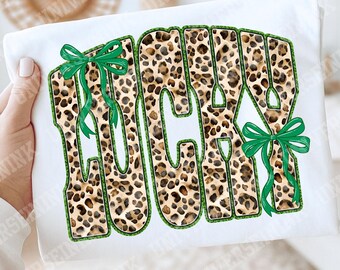 Lucky Leopard Varsity PNG with Green Bows, St Patrick’s Day Lucky Shirt Design, Preppy Coquette Sublimation Graphic