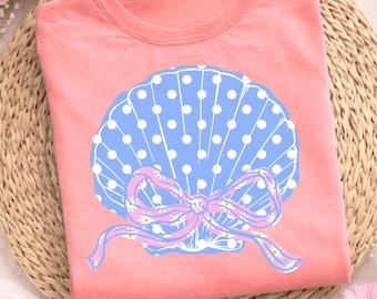 Coastal Coquette Shell PNG, Blue Bow Seashell Design, Beachy Preppy Summer Graphic, Cute Ocean Aesthetic Shirt PNG