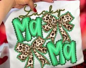 Lucky Mama PNG – St Patrick Mama Shirt Design, Leopard Bow Preppy Graphic, Green Gold Coquette Sublimation Digital Download