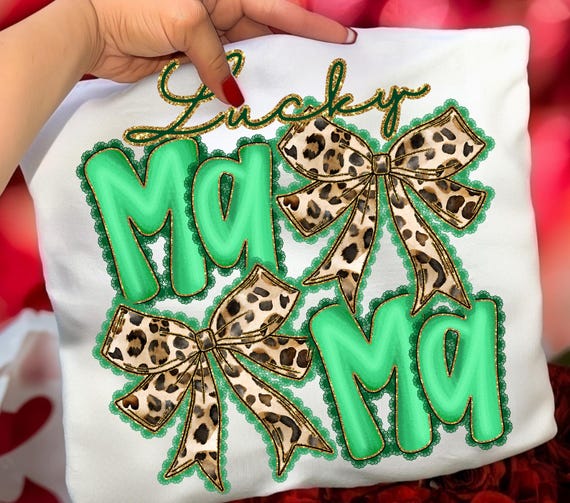 Lucky Mama PNG – St Patrick Mama Shirt Design, Leopard Bow Preppy Graphic, Green Gold Coquette Sublimation Digital Download