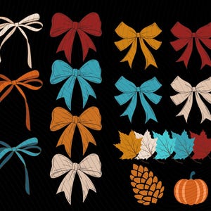 May include: A collection of colorful, hand-drawn illustrations of bows, leaves, a pinecone, and a pumpkin on a black background. The bows are in various colors, including red, orange, blue, and cream. The leaves are in shades of yellow, blue, and red.