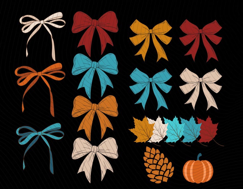 May include: A collection of colorful, hand-drawn illustrations of bows, leaves, a pinecone, and a pumpkin on a black background. The bows are in various colors, including red, orange, blue, and cream. The leaves are in shades of yellow, blue, and red.