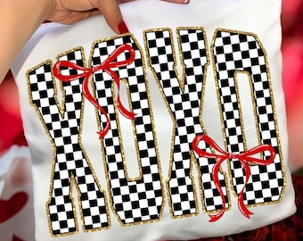 XOXO PNG, Coquette Valentine Design With Red Bows, Trendy Checkerboard Shirt Graphic, Digital Download
