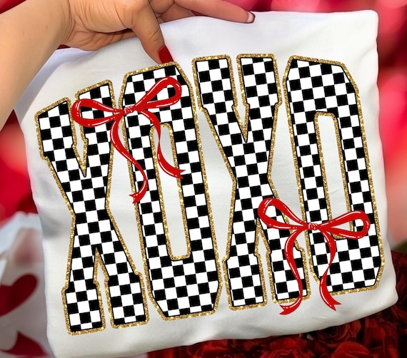 XOXO PNG, Coquette Valentine Design With Red Bows, Trendy Checkerboard Shirt Graphic, Digital Download