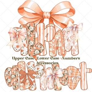 Puede incluir: Un diseño digital con la palabra "ALPHABET" en patrones florales y a rayas melocotón y blancos, con lazos decorativos. También se incluye el texto "Upper Case + Lower Case + Numbers + Accessories".