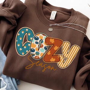May include: A brown sweatshirt with the words "COZY Season" in a fall-themed design. The letter "C" is teal with acorn graphics, "O" has pumpkin graphics, "Z" has leaf graphics, and "Y" has vertical stripes. A silver necklace is attached.