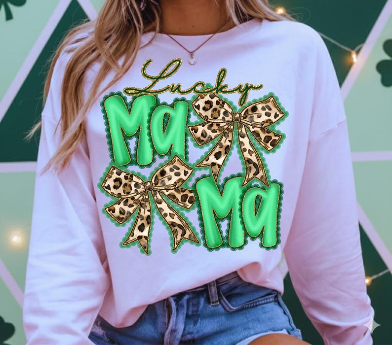 Lucky Mama PNG – St Patrick Mama Shirt Design, Leopard Bow Preppy Graphic, Green Gold Coquette Sublimation Digital Download image 2
