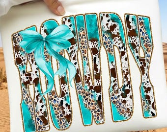 Howdy PNG, Western Cow & Leopard Print Varsity Sublimation Design, Teal Bow Shirt Graphic, 3 Styles Included