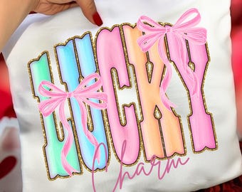 Lucky Charm PNG St Patrick’s Day Bow Design, Pastel Glitter Sublimation Graphic, Cute Trendy Shirt Digital Download