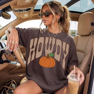 Howdy Pumpkin PNG, Retro Fall Shirt Design, Western Cowgirl Autumn Sublimation, Gingham Pumpkin Digital Download