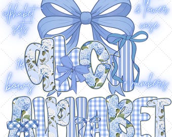 Preppy Retro Floral Alphabet PNG Bundle: 4 Cute Grand Millennial Clipart, Coquette Letters, Hand Drawn Font Clipart, Mama PNG