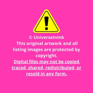 May include: A yellow warning sign with an exclamation point on a bright pink background. Text includes copyright information and a notice about digital files not being copied, traced, shared, redistributed, or resold.