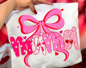 Pink Mama Bow PNG, Valentine Mama Shirt Design, Trendy Pink Bow Mama Graphic, Cute Valentine PNG, Cherries Valentine Sublimation