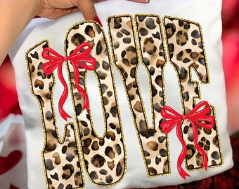 LOVE PNG – Leopard Print Design With Preppy Letters | Coquette Valentine PNG With Red Bow | Digital Download