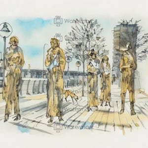 Puede incluir: Pintura a la acuarela de una escena urbana con figuras. Cinco figuras con abrigos largos están de pie en una pasarela de madera. Un perro camina entre las figuras. Los edificios y los árboles están en el fondo. El cielo es azul claro.