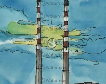 Poolbeg Chimneys Dublin Poster | Irische Küsten Aquarell Kunst | Dublin Skyline | Digitaler Download | Moderne irische Wanddekoration