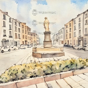 May include: Watercolor painting of a European street scene. A statue stands in the center of the street, surrounded by buildings and parked cars. The sky is a light blue with a few clouds. The painting has a soft, muted color palette.