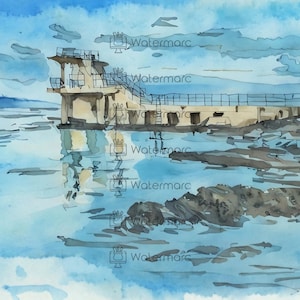 Impresión de Salthill Diving en Galway / Arte de acuarela de la costa irlandesa / Decoración de la Ruta Costera del Atlántico / Descarga digital / Obra de arte imprimible de Irlanda