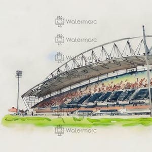 Könnte beinhalten: Ein Aquarellbild eines Stadions mit einem großen, gewölbten Dach. Das Stadion ist mit Menschen gefüllt, und die Sitze sind in Blautönen und Grüntönen bemalt. Das Bild ist in einem realistischen Stil gemalt, mit einem Fokus auf Details.