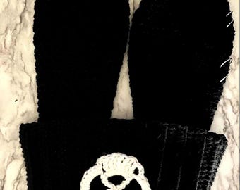 crocheted bunny ear hat with skull
