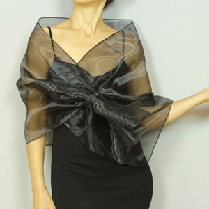 Black organza shawl, Shoulder wrap scarf, Mesh evening dress topper, Pull through mother of the bride stole, Hands free formal cover up
