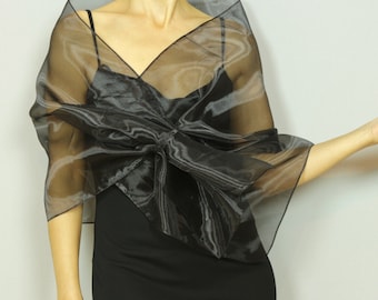 Black organza shawl, Shoulder wrap scarf, Mesh evening dress topper, Pull through mother of the bride stole, Hands free formal cover up