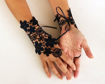 Navy lace wrist cuffs, Bridal fingerless gloves, Wedding hand charms, Lace cuff bracelet, Lace wedding jewelry