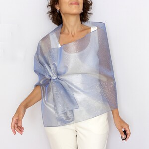 hands free organza stole draped over shoulders lightweight cover up