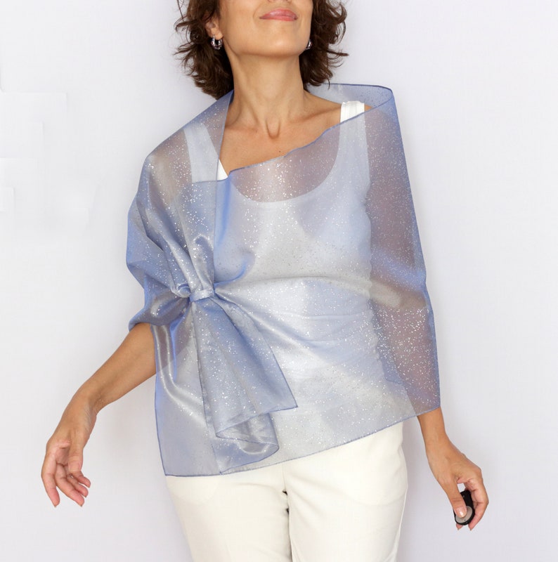 hands free organza stole draped over shoulders lightweight cover up