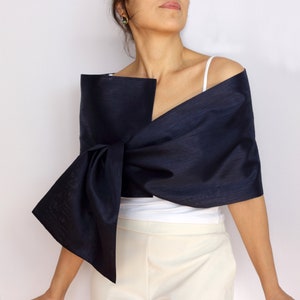 Dark navy taffeta formal shawl, Mother of the bride shawl, Evening dress cover up, Hands free shoulder wrap, Cocktail dress topper image 1