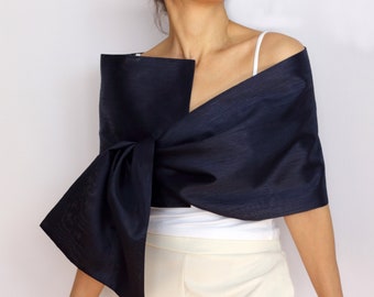 Dark navy taffeta formal shawl, Mother of the bride shawl, Evening dress cover up, Hands free shoulder wrap, Cocktail dress topper