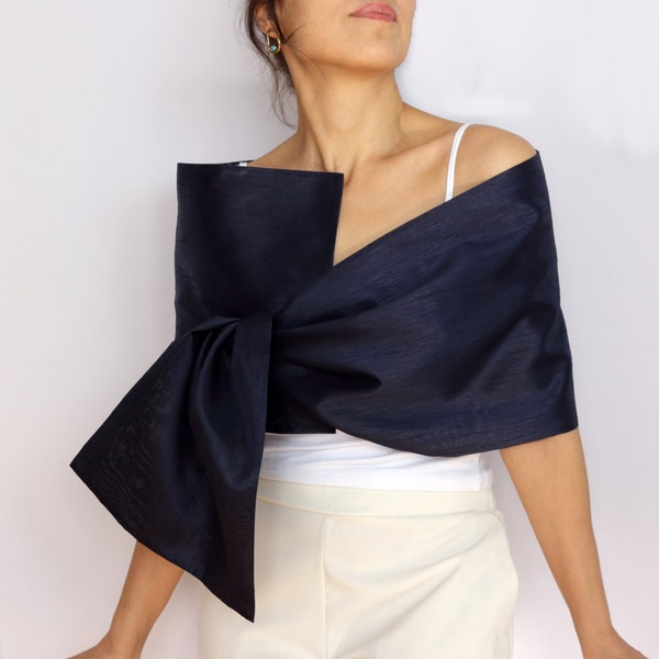 Dark navy taffeta formal shawl, Mother of the bride shawl, Evening dress cover up, Hands free shoulder wrap, Cocktail dress topper