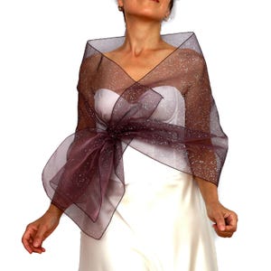 May include: A sheer, burgundy shawl with a sparkling, glittery effect. The shawl is draped over a white dress and features a large bow detail at the front. The edges are outlined in black.