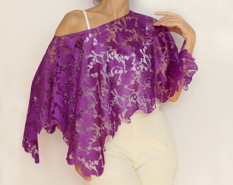 Purple lace elegant evening shawl cover up, Mother of the bride capelet, Wedding cocktail dress topper, Formal crop top cape bridal shrug