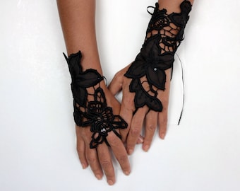 Black Lace Fingerless Gloves: Asymmetrical Corsage Wrist Cuffs