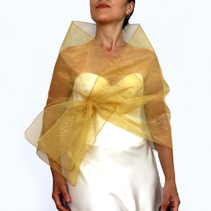 Golden mustard organza evening shawl, Sparkling sheer wrap with oversized bow, Hands-free wedding stole, Formal dress cover up