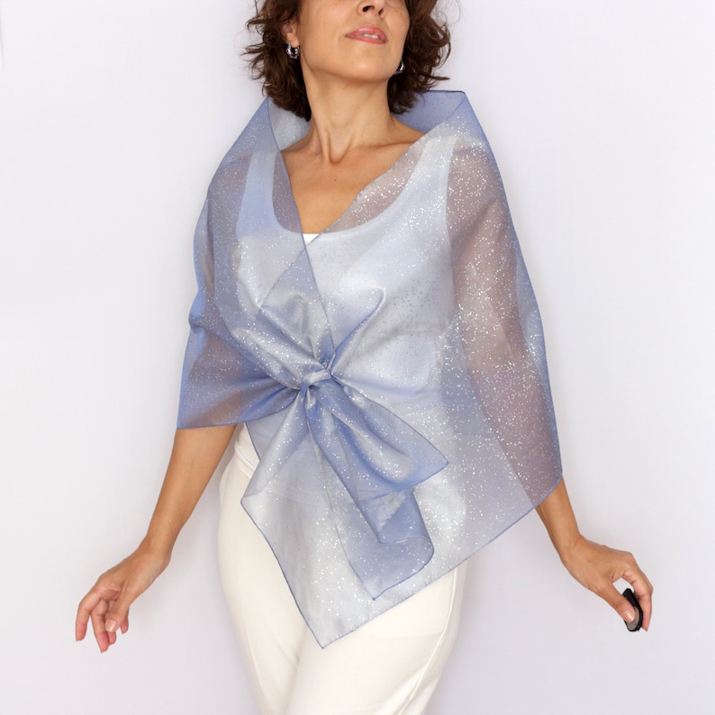 sky blue sheer organza shawl tied front silver shimmer formal wrap
