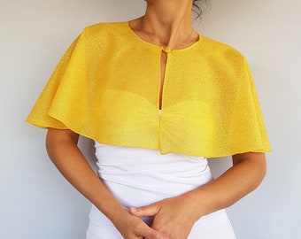 Lemon yellow shimmery chiffon capelet, Special event shawl, Sparkling evening dress cover up,  Mother of the bride formal wear shoulder cape