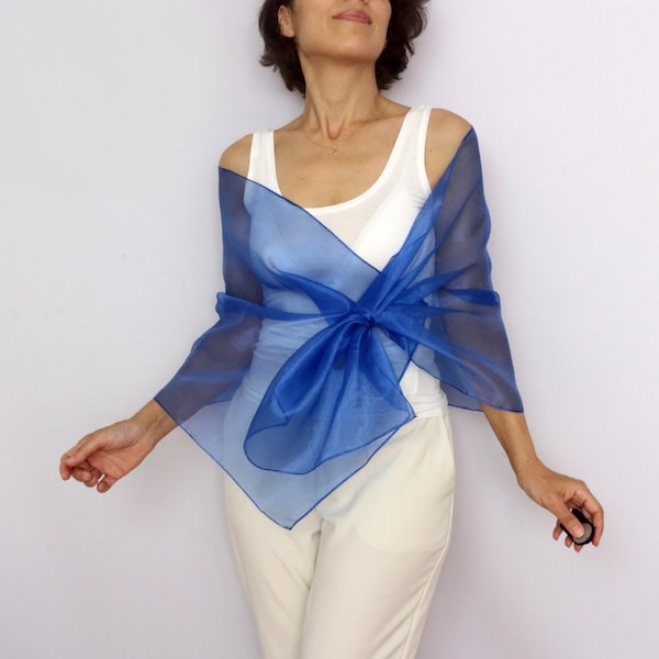 Royal blue organza shawl, Shoulder wrap scarf, Mesh cobalt evening dress topper, Pull through mother of the bride stole, Hands free cover up