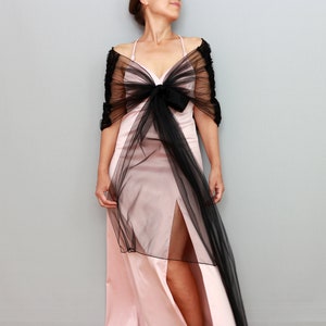 Elegant long black tulle shawl, Plus size formal wrap, Mother of the bride shoulder cover-up, Sheer lace evening stole, Wedding dress topper