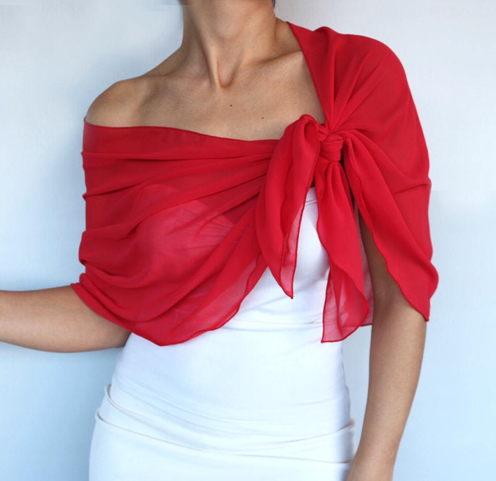 Red Chiffon Shawl Evening Stole Wrap Solid Red Formal Etsy