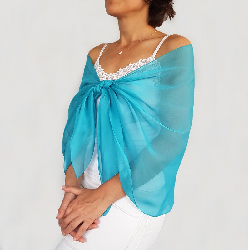 Turquoise blue chiffon shawl, Wedding dress cover up, Mother of the bride shawl, Bridal shoulder wrap stole Evening stole scarf Dress topper zdjęcie 6