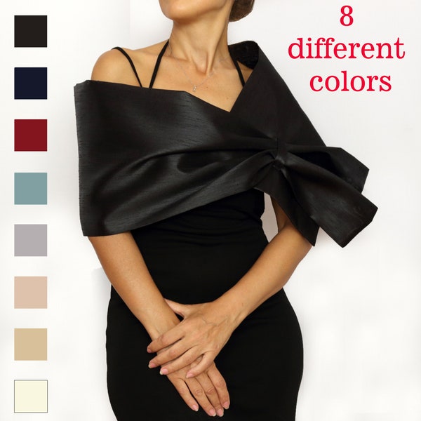 Black taffeta evening shawl, Mother of the bride shawl, Formal dress cover up, Hands free shoulder wrap, Cocktail dress topper, Dressy wrap