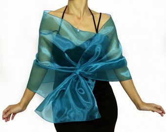 Teal blue green organza hands free evening shawl, Pull through shoulder wrap, Mother of the bride dress cover up topper, Wedding stole