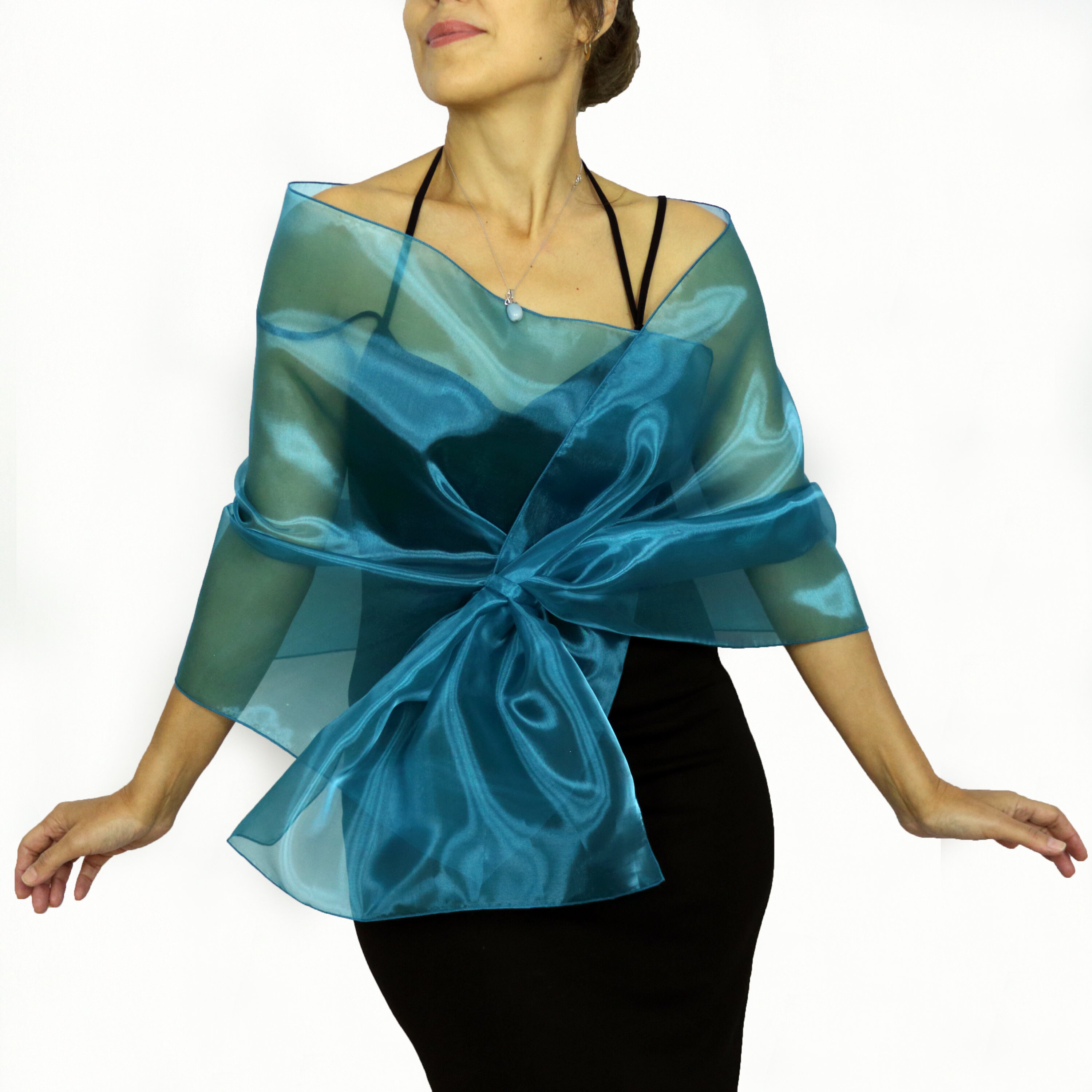 Teal blue green organza hands free evening shawl, Pull through shoulder wrap, Mother of the bride dress cover up topper, Wedding stole