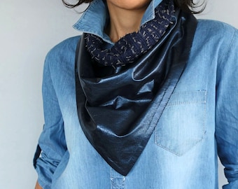 Navy leather unisex cowl neck scarf, Metallic blue winter neck warmer scarf, Reversible triangle bib scarf for adults, Gift for him women