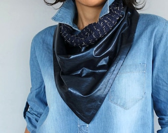 Foulard unisexe en cuir bleu marine, écharpe cache-cou hiver bleu métallisé, écharpe triangle réversible pour adulte, cadeau pour lui, femme